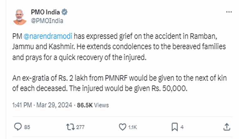 'PM Modi announces Ex-Gratia of Rs 2 Lakh to Kin of deceased, Rs 50,000 to injured in J&K’s Ramban accident'