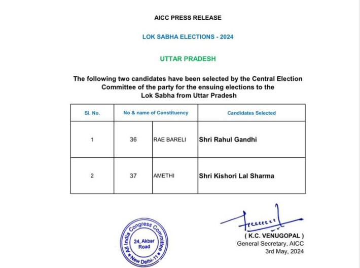 'Lok Sabha Elections 2024: Rahul Gandhi to contest from Rae Bareli, Sonia's loyalist KL Sharma from Amethi'