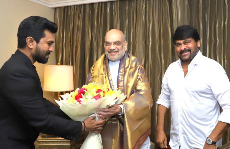 'Amit Shah meets RRR fame actor Ram Charan and his father Chiranjeevi, congratulates them on Oscar win'