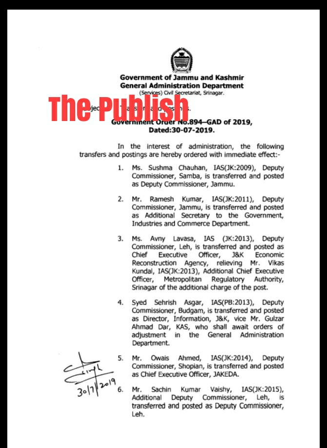 7 IAS officers among other reshuffuled, Sushma Chauhan is new DC Jammu 