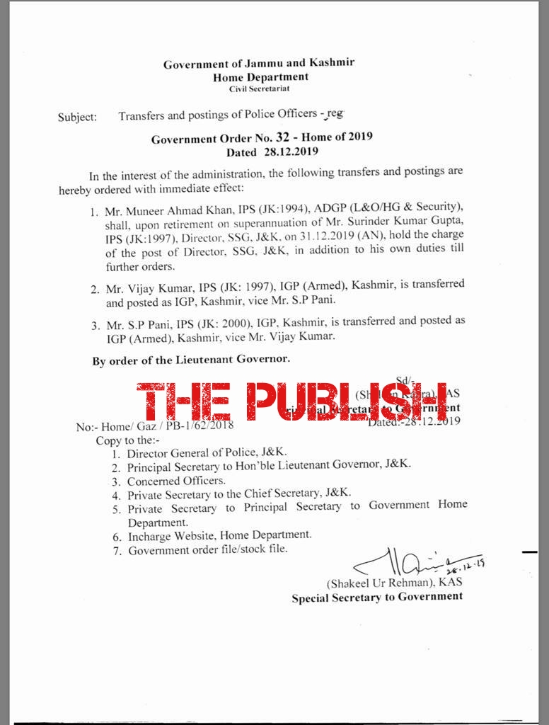 Vijay Kumar is new IGP Kashmir, SP Pani IGP Armed 