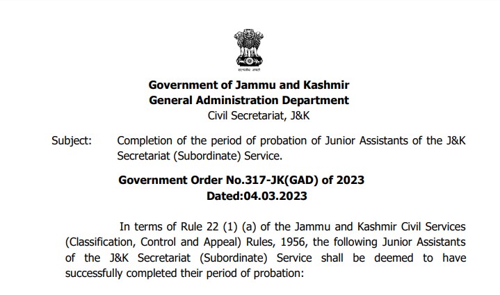 Completion of the period of probation of Junior Assistants of the J&K Secretariat Subordinate Service
