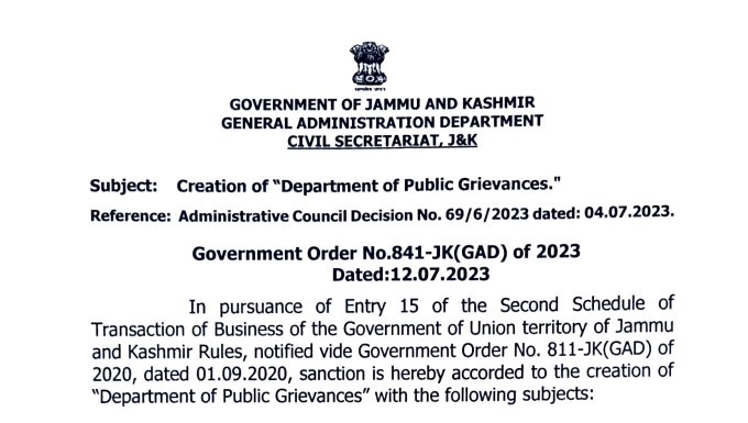 Department of Public Grievances Created in Jammu and Kashmir