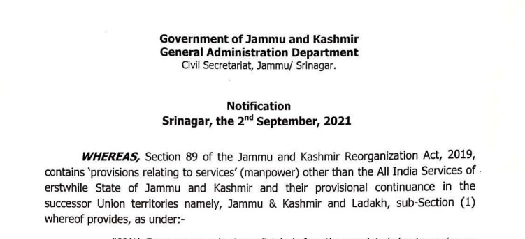 Notification relating to option data of employees for serving in Union Territory of Ladakh