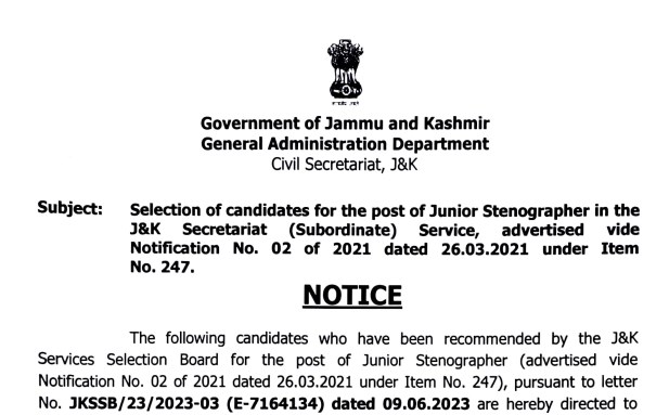 Selection of candidates for the post of Junior Stenographer in the JK Secretariat Subordinate Service