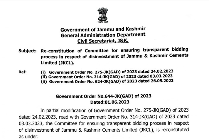 Re-constitution of committee for ensuring transparent biding process in respect of disinvestment of J&K Cements Limited JKCL
