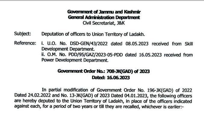 Deputation of officers to Union Territory of Ladakh
