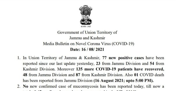 J&K reports 77 new COVID cases and 01 deaths in the last 24 hours