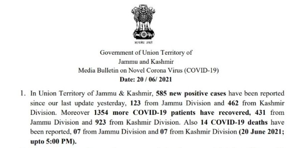 J&K reports 585 new COVID cases and 14 deaths in the last 24 hours