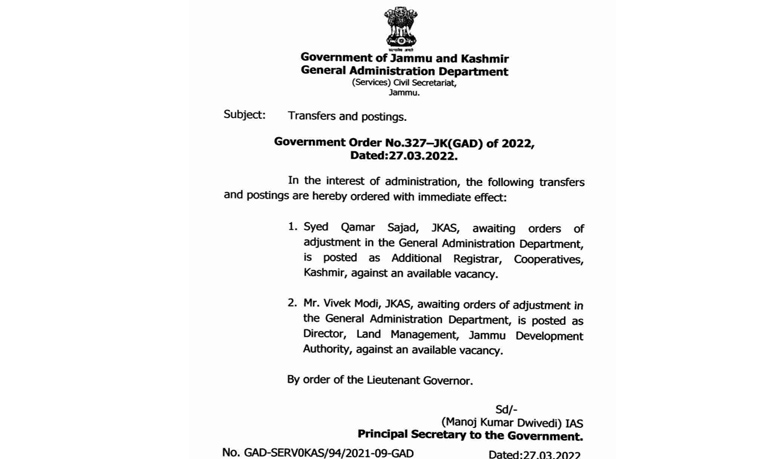 Govt. orders transfers and postings of JAKS officers