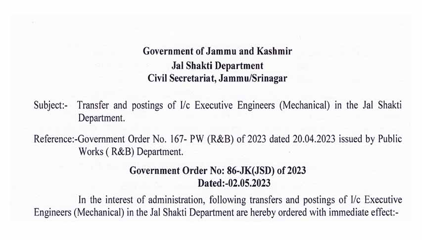 Government orders transfer and postings of 18 incharge Executive Engg. ( Mech) in jal shakti department