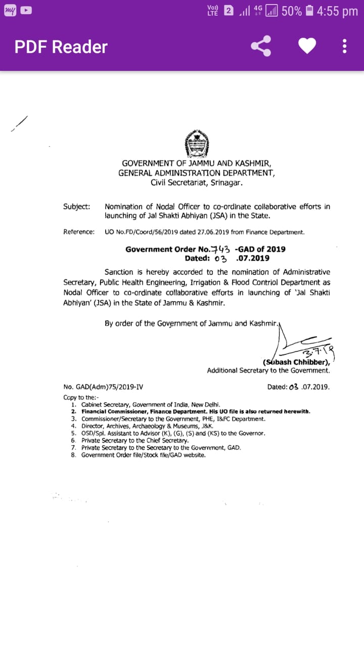GOI sanctions appointment of Secretary PHE as nodal officer for Jal Shakti Abhiyan 