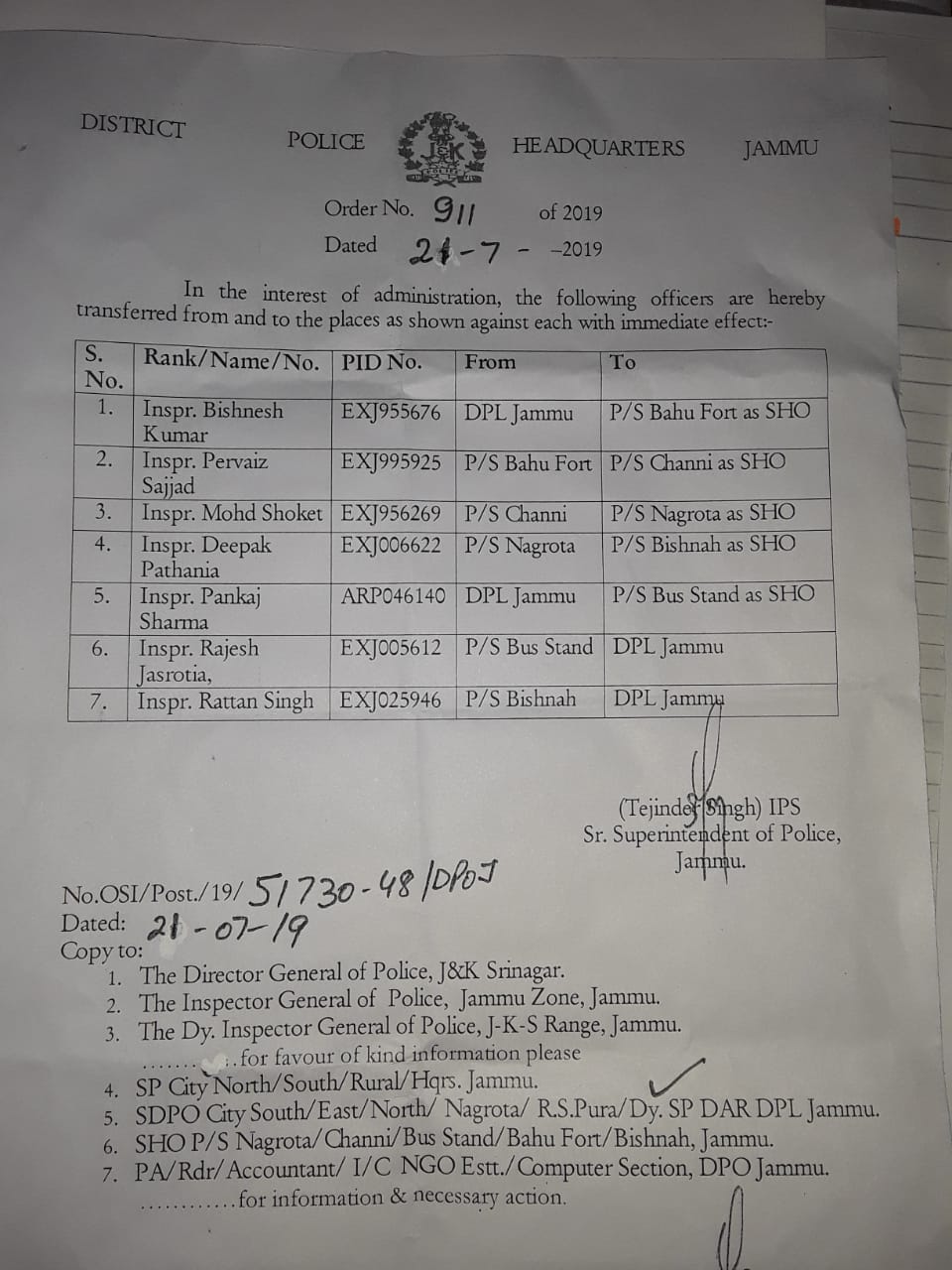 SSP Jammu transfers 7 SHOs in Jammu 