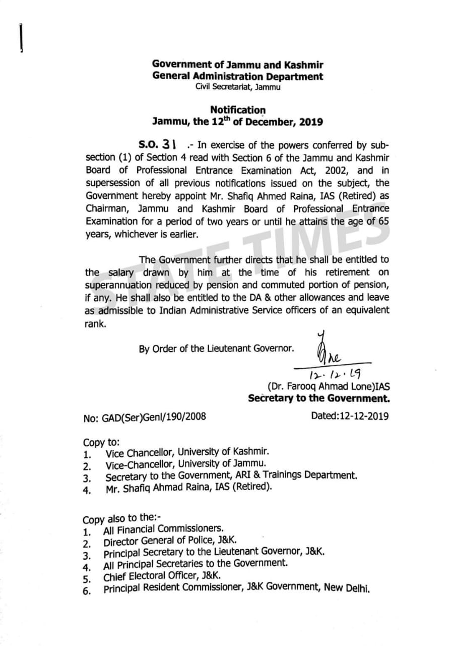 Retired IAS officer Shafiq Ahmad Raina Appointed Chairman of BOPEE 