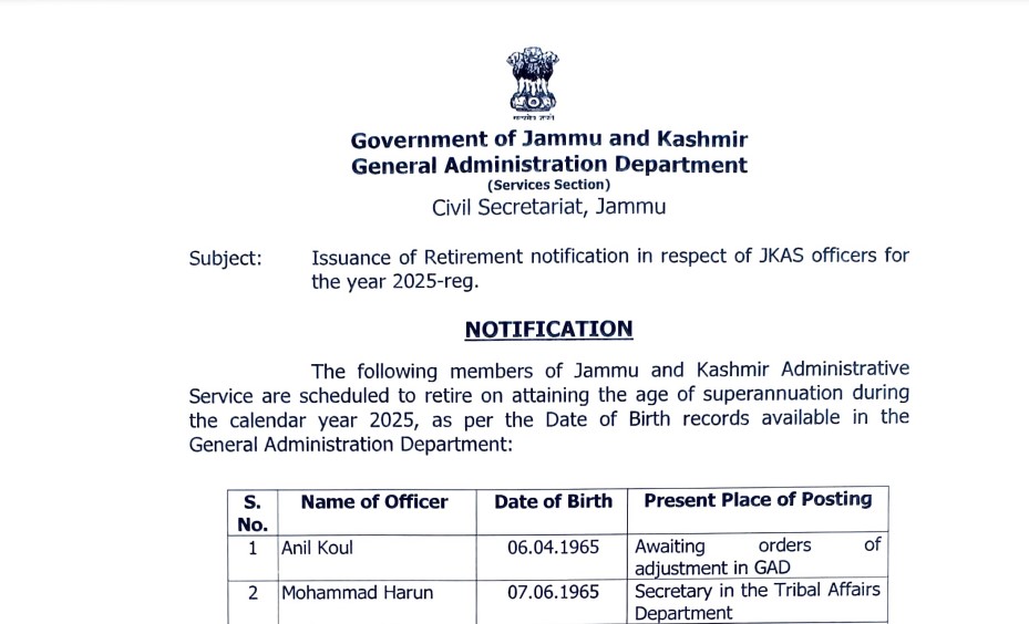 Issuance of Retirement notification in respect of JKAS officers for the year 2025