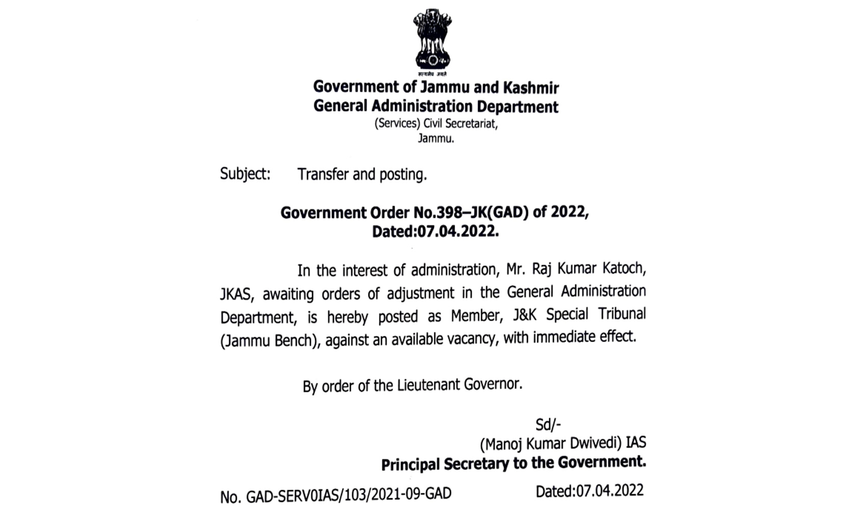 Transfer and posting of JKAS officers