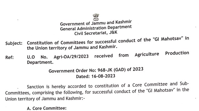 Constitution of Committee for successful conduct of the GI Mahotsav in the Union territory of Jammu and Kashmir