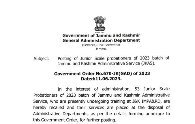 Posting of Junior Scale Probationers of 2023 batch of J&K Administrative Service JKAS