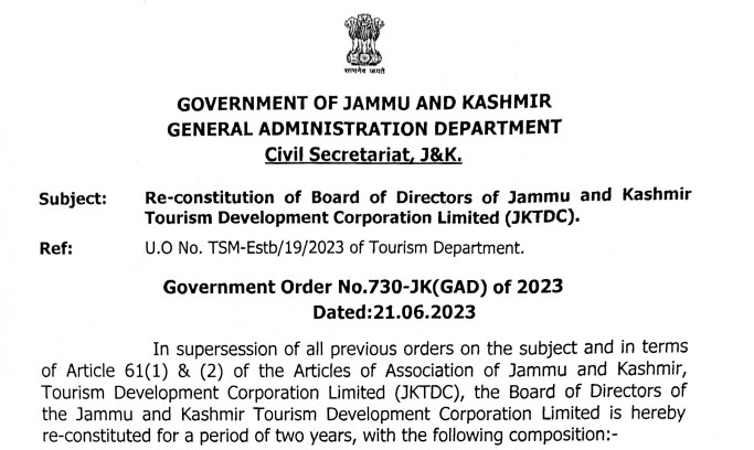 Re-constitution of Board of Directors of J&K Tourism Development Corporation Limited JKTDC