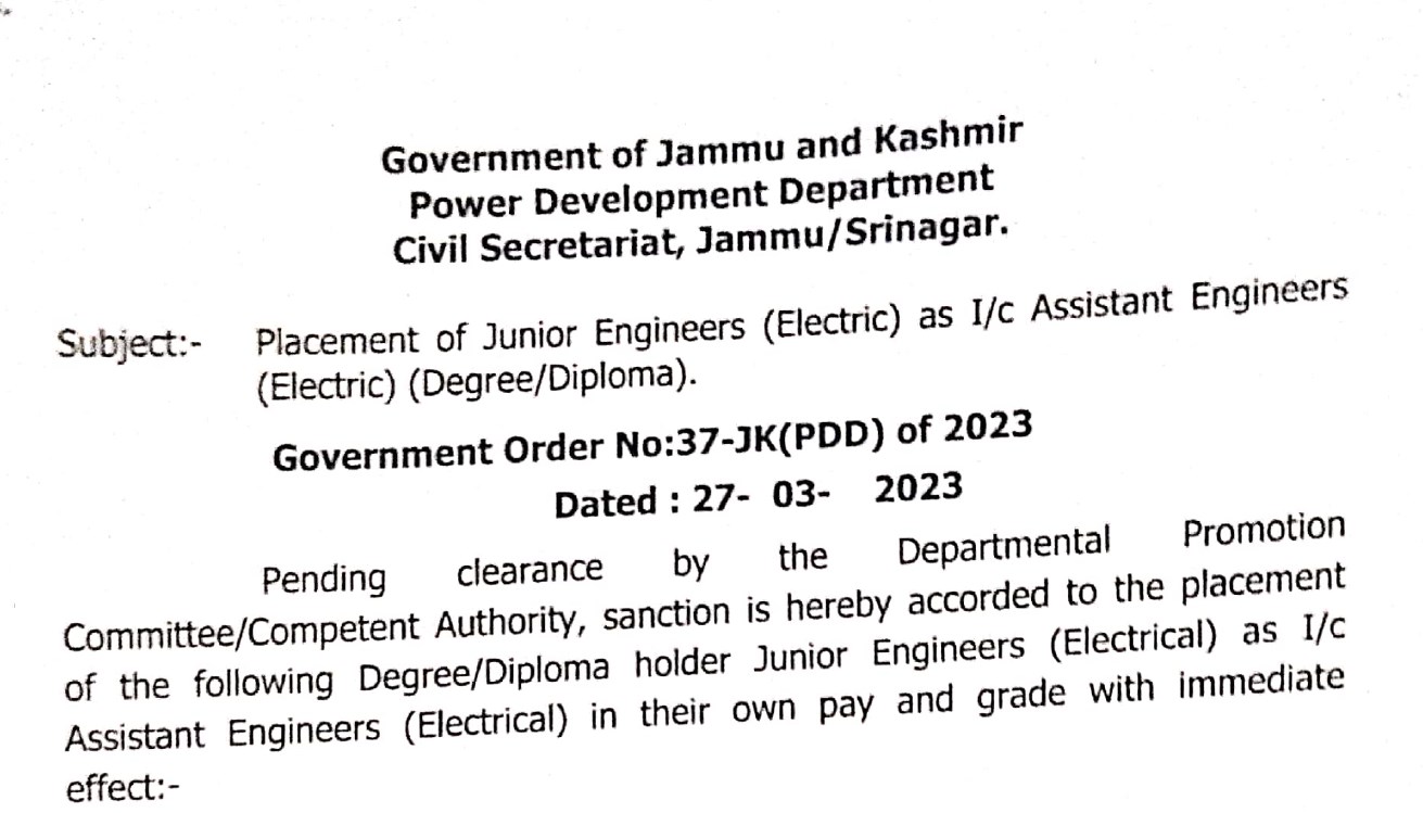 101 Junior Engineers promoted as Assistant Engineers in JKPDD