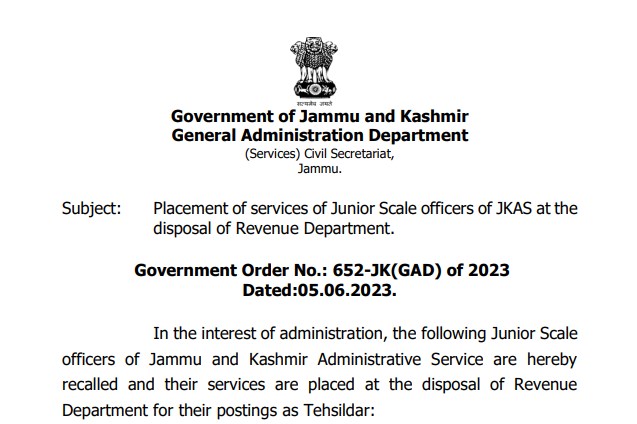Placement of services of Junior Scale officers of JKAS at the disposal of Revenue Department