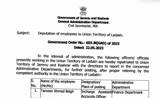 Deputation of employees to Union Territory of Ladakh