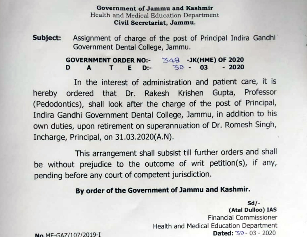 Rakesh Krishan Gupta appointed Principal of Government Dental College, Jammu