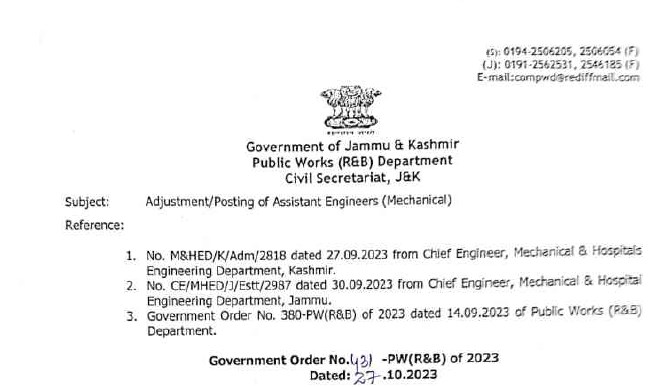 J&K Govt orders adjustment, transfers of Assistant Engineers