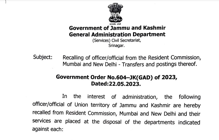Government orders transfers and postings of officers from Reisdent commission Delhi/Mumbai