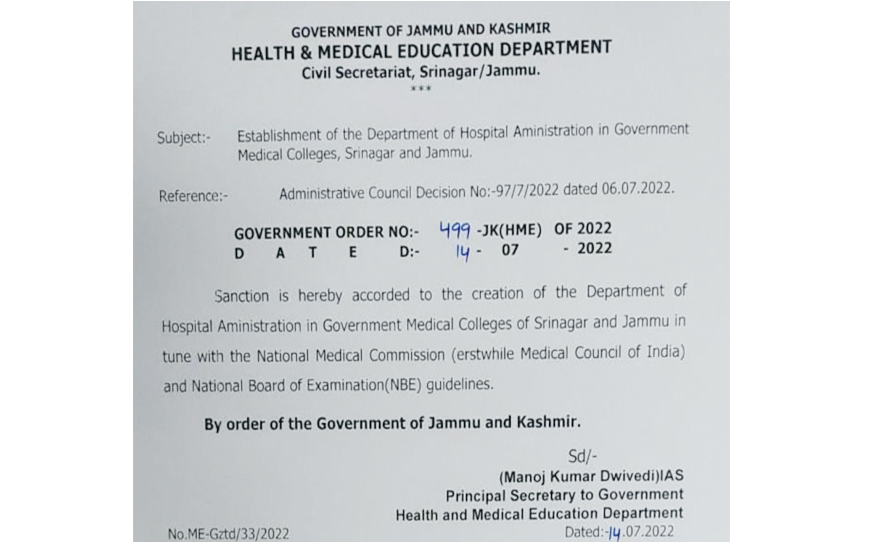 Govt Sanctions Creation Of Dept of Hospital Admin In GMCs Srinagar,Jammu