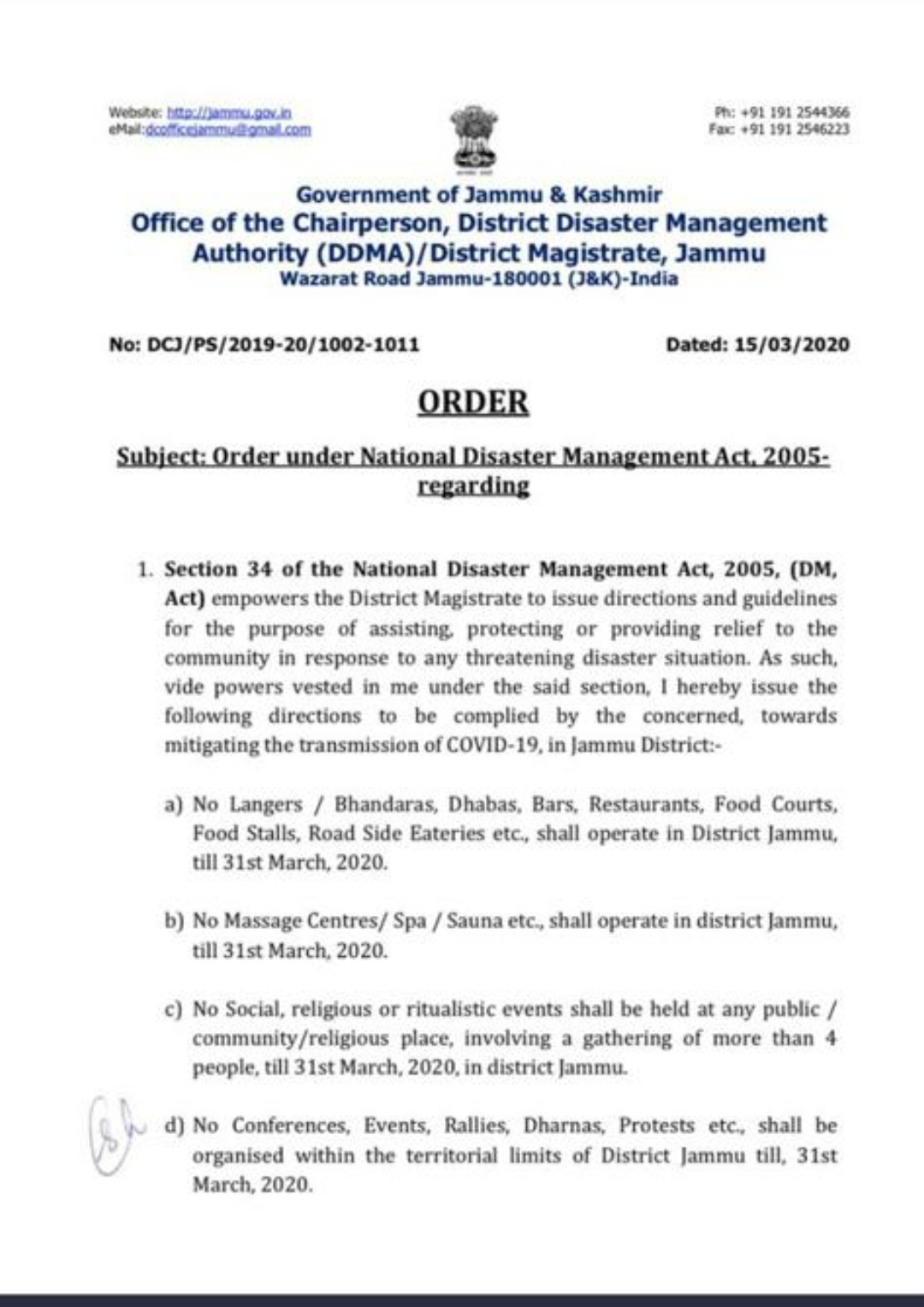 CoronaVirus Update: Administration orders closure of Bars, Restaurants, Dhabas and Langers in Jammu 