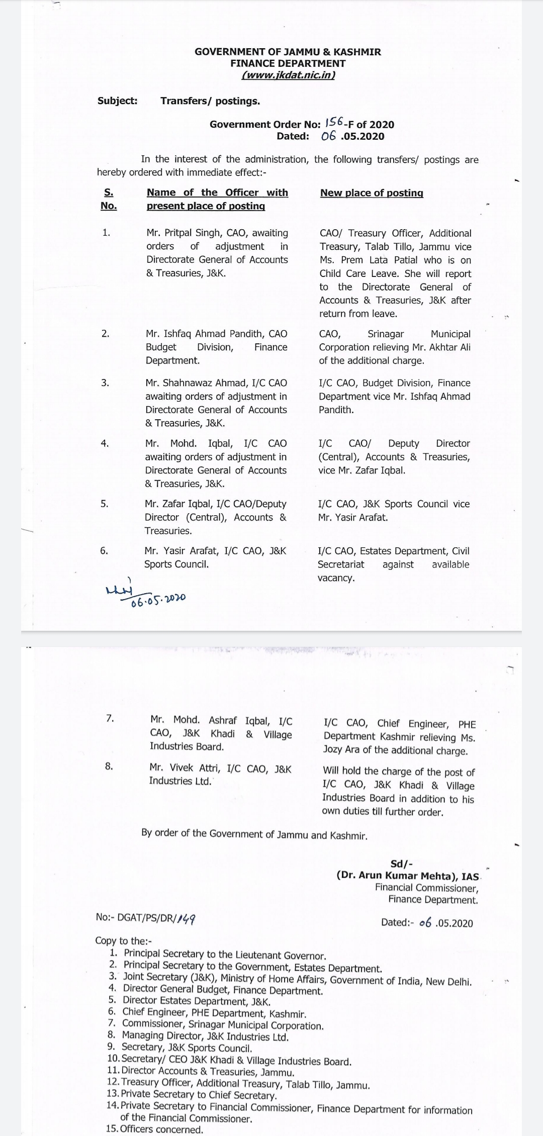 Government orders transfers and Postings of 8 CAOs in Accounts Department