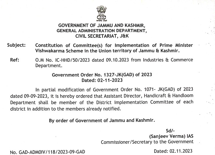 Constitution of Committees for implementation of PM Vishwakarma Scheme in the Union territory of J&K