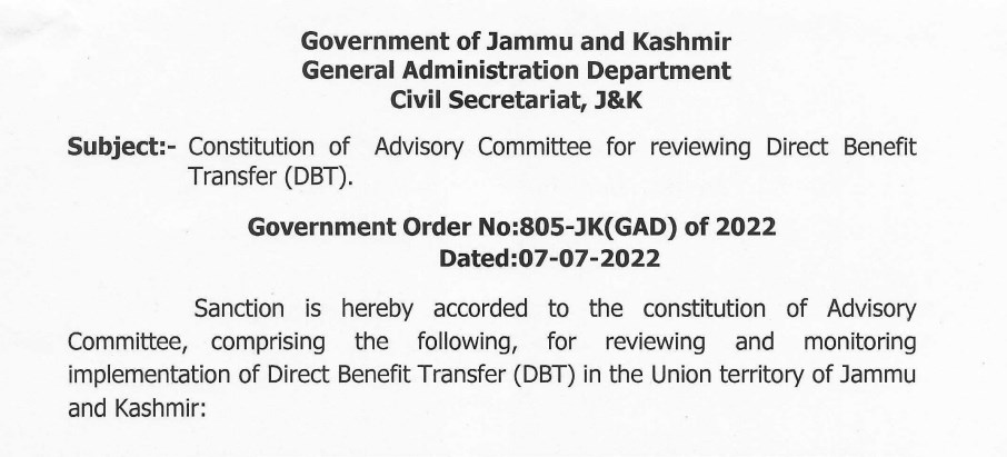  Order Constitution of Advisory Committee for reviewing Direct Benefit Transfer DBT