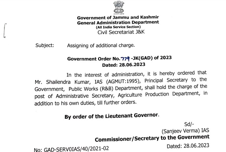 Principal Secretary R&B Shailendra Kumar to hold additional charge of Agriculture production department