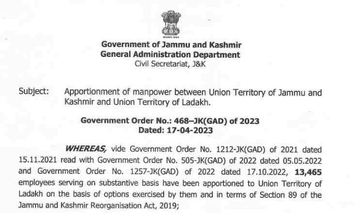 Apportionment of manpower between Union Territory of J&K and Union Territory of Ladakh