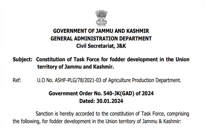 Constitution of Task Force for fodder development in the Union territory of Jammu and Kashmir
