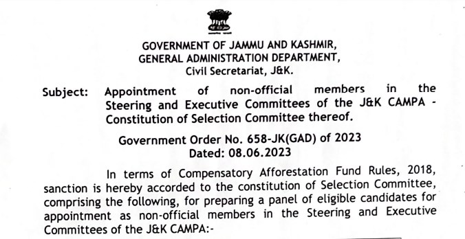 Appointment of non-official members in the Steering and Execute Committees of the JK CAMPA- Constitution of Selection Committee 