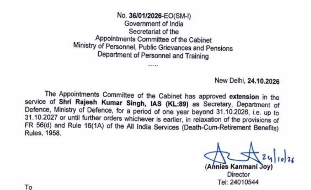 Centre Extends Defence Secretary's Tenure By One Year