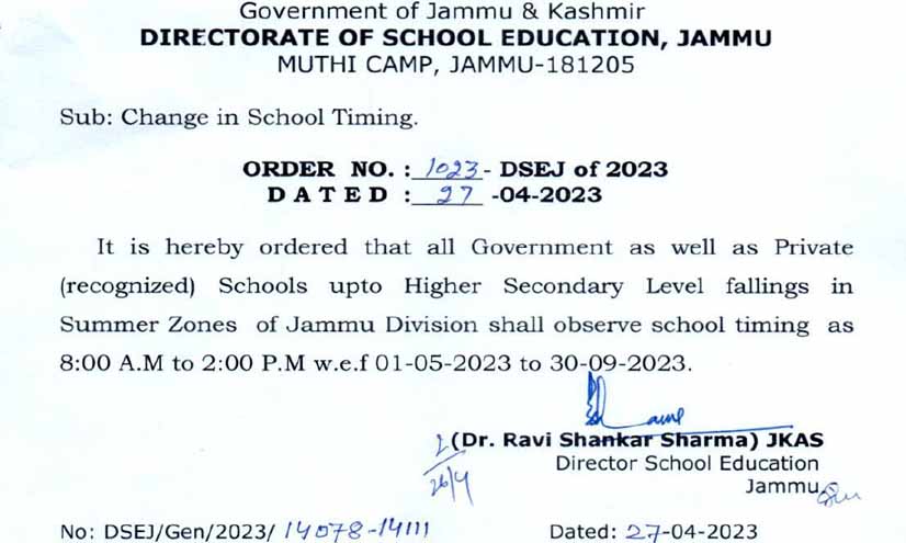  Directorate of School Education Jammu announced change in school timings 