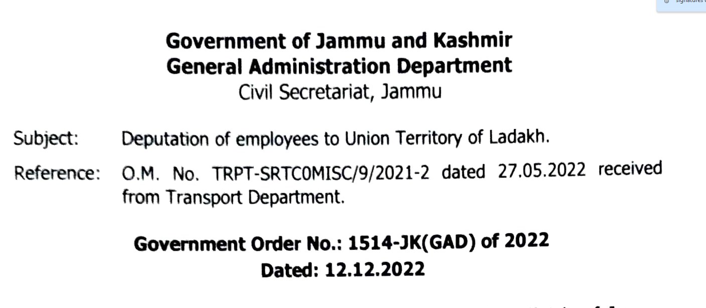 Deputation of employees to Union Territory of Ladakh