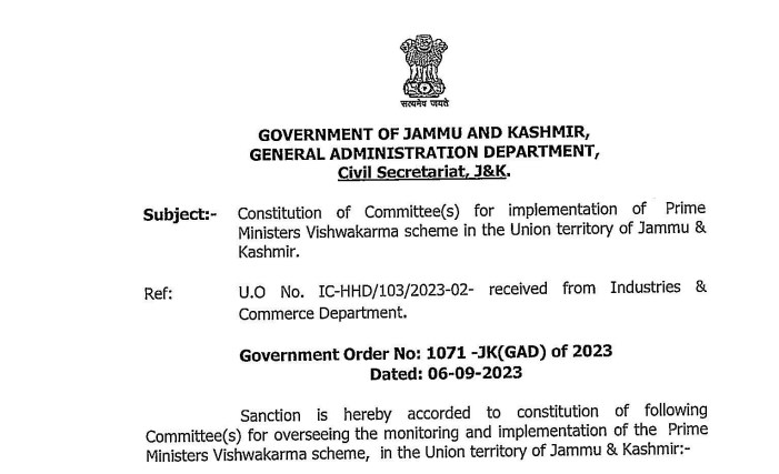 Constitution of Committee for implementation of Prime Ministers Vishwakarma scheme in the Union territory of J&K