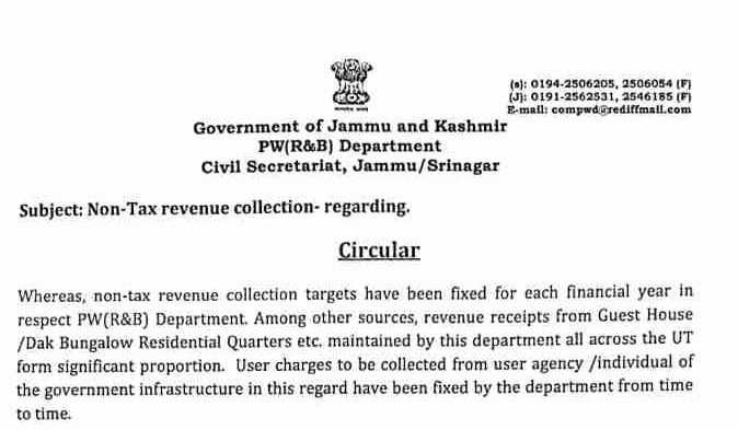 R&B Department fix revenue targets from Dak Bunglows/Guest Houses in UT of J&K