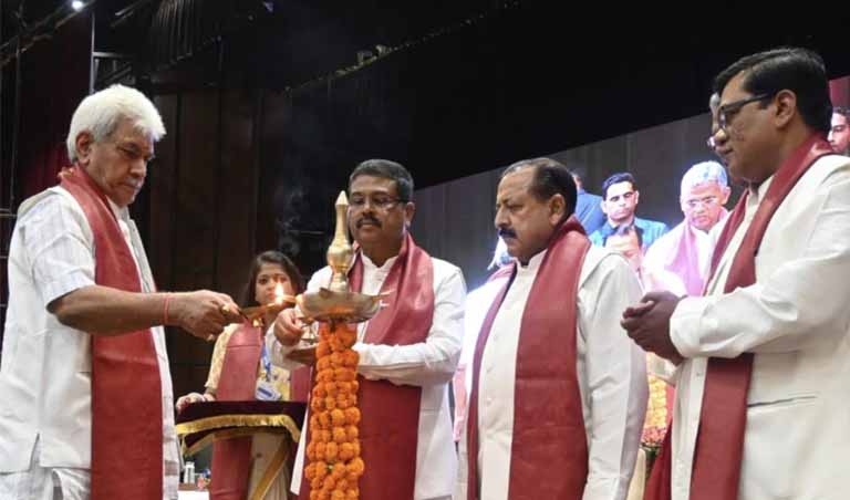 Union Education Minister Dharmendra Pradhan, Lt Governor Manoj Sinha, Union MoS Dr Jitendra Singh address the students