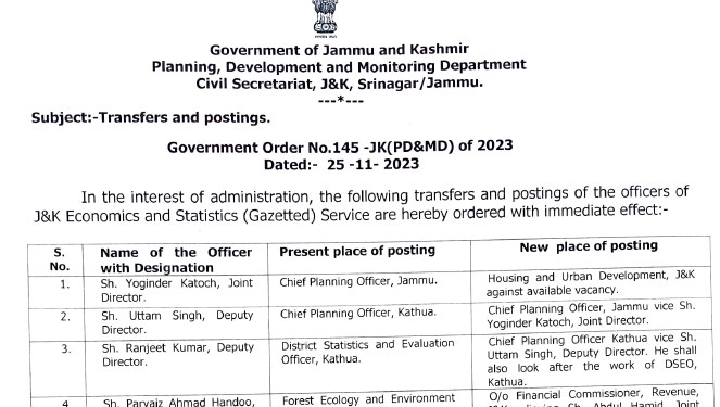 24 Officers of Jammu and Kashmir Economics & Statistics Service Transferred