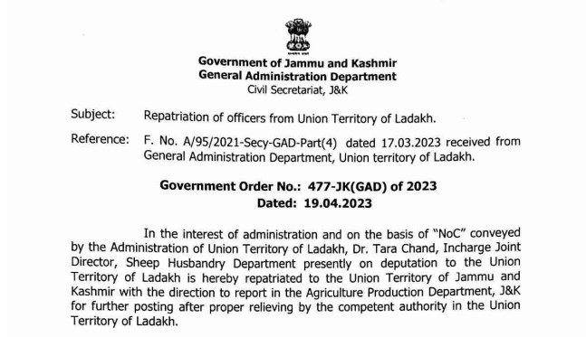 Repatriation of officers from UT of Ladakh