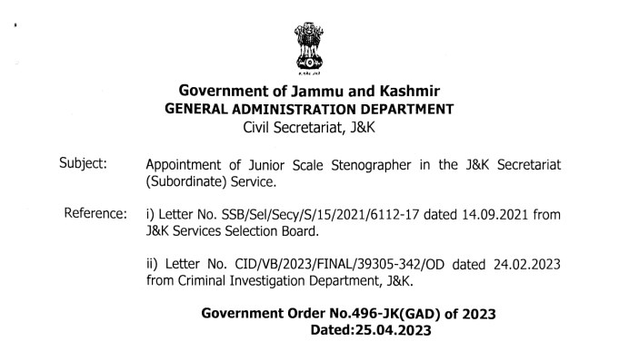 Appointment of Junior Scale Stenographer in the J&K Secretariat Subordinate Service