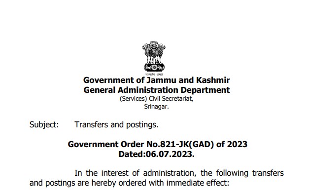 Govt orders Transfers and postings of 07 Jr JKAS officers