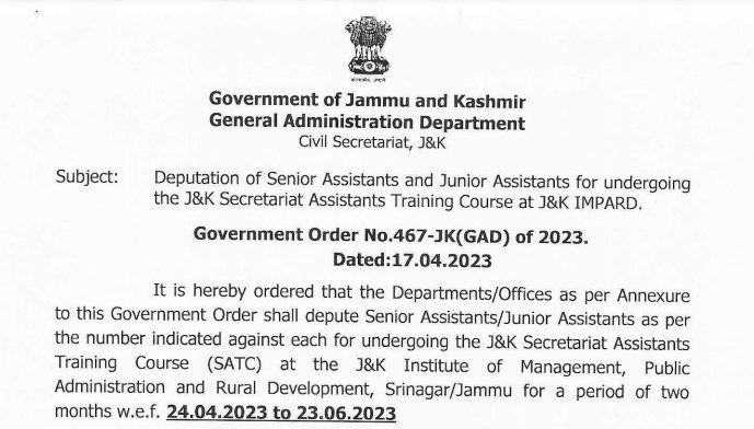 Deputation of Senior Assistants and Junior Assistants for undergoing the J&K Secretariat Assistants Training Course at J&K IMPARD