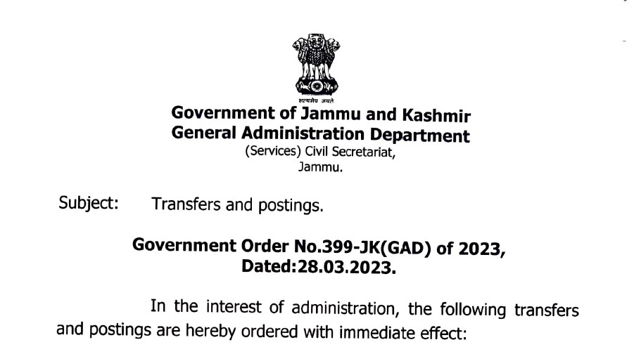 Government orders Transfers and Postings of 20 JKAS officers